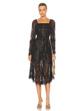 LoveShackFancy Jazz Black Lace Midi Dress Gold Metallic Stripes 0 Reg $695 NWT