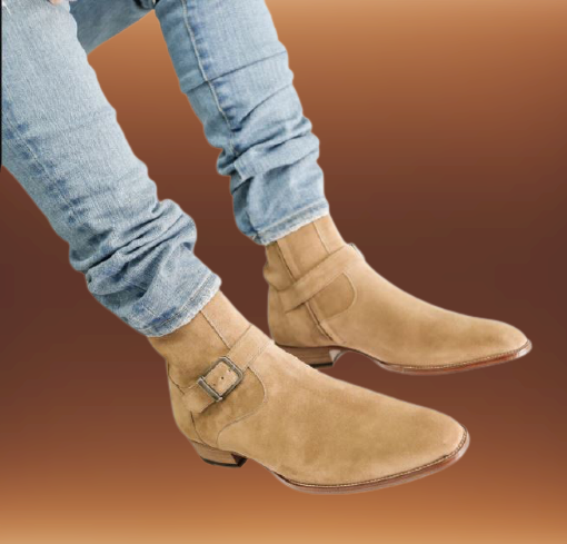 Handmade Mens Beige color suede side zip ankle boots  display picture 3