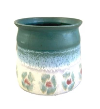 Vintage Green & Turquoise Flowered Studio Art Pottery Planter/Pot Signed 5-1/2"