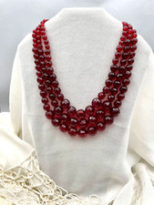 Vtg 3 Strand Cranberry Red Necklace Faceted Graduated Acrylic Bead Statement 19"