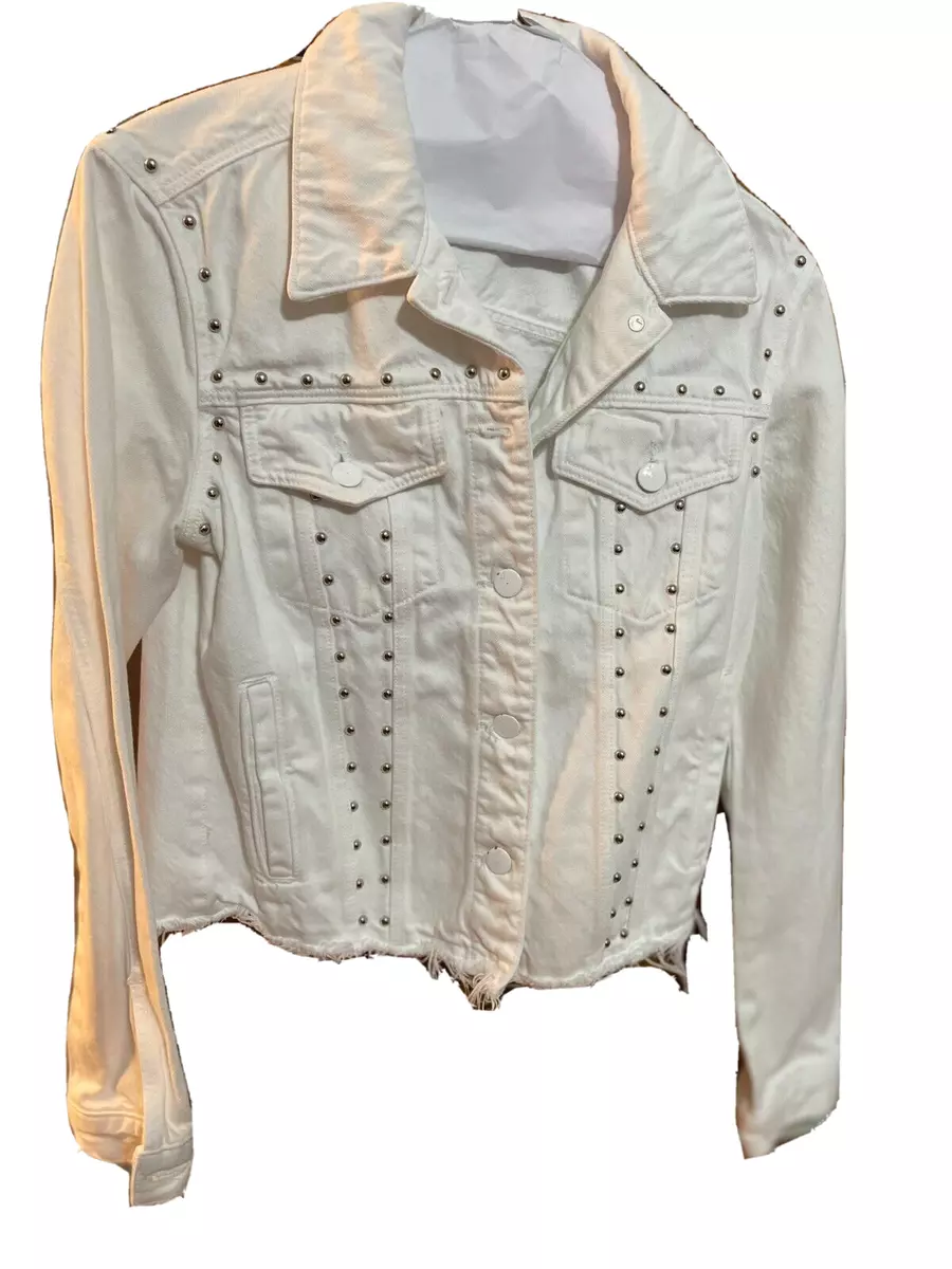 J Brand White Denim Jacket Stud Moto Style Women Sz 0 XS Frayed