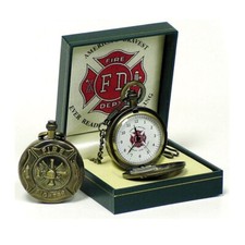 Fireman's Bronze-Tone Pocket Watch -In Display Box -13" chain w/Fob - Firefigher