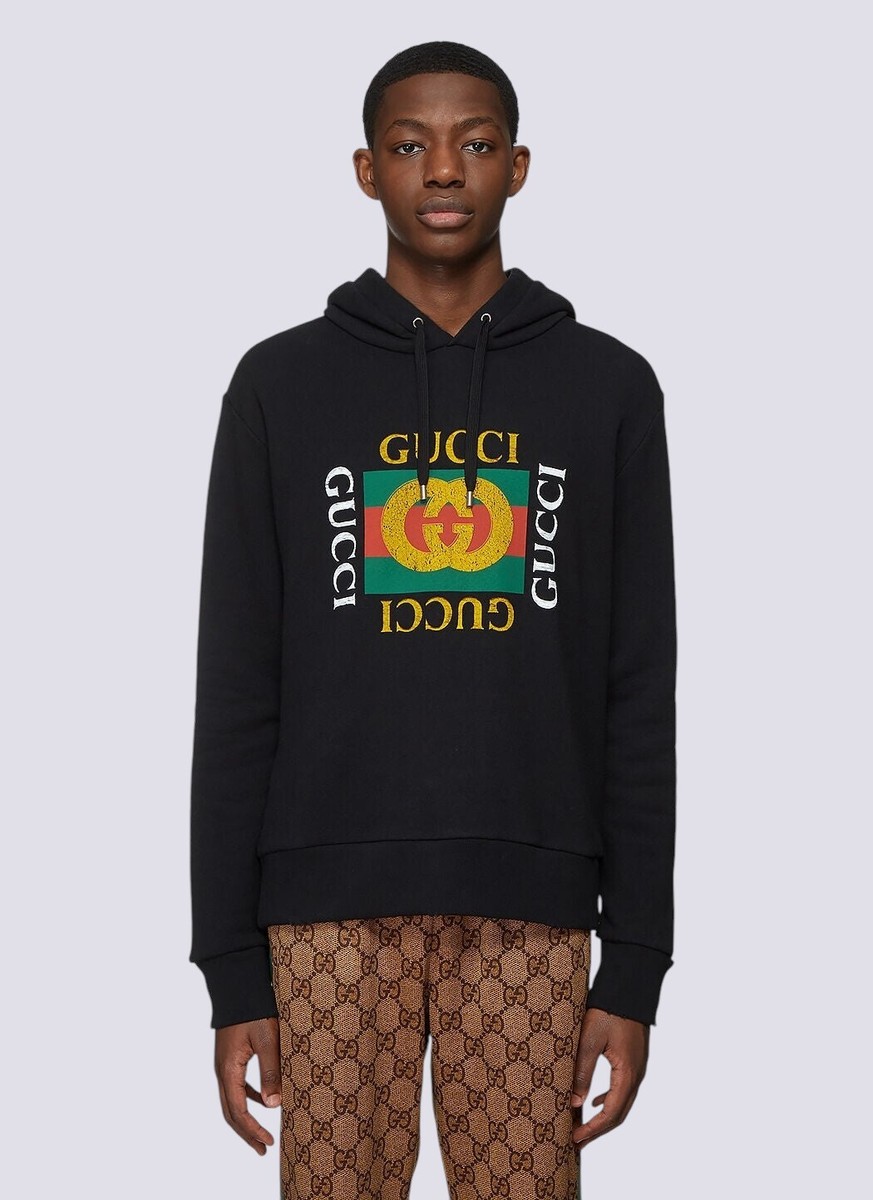 Gucci GG Front Logo Monogram Cotton Distressed Hoodie Sweatshirt