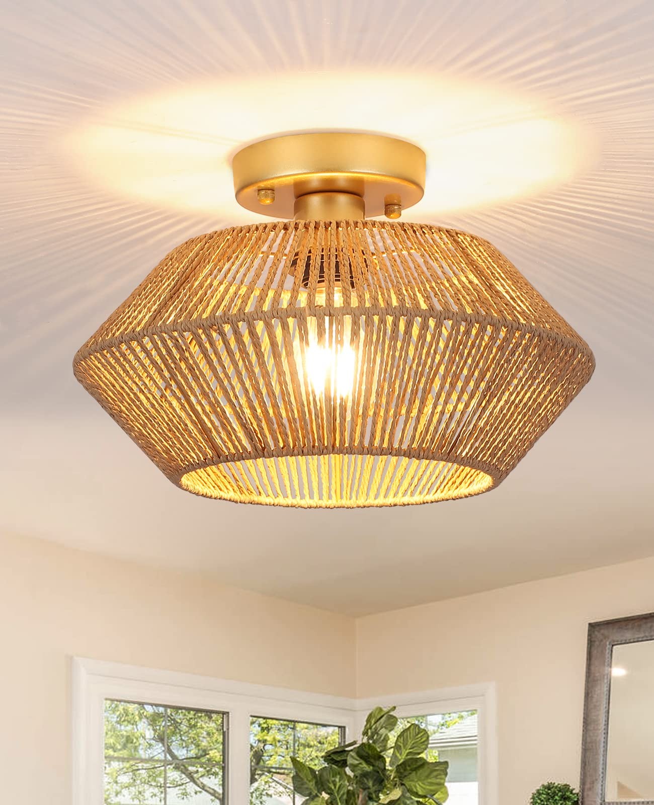 Lustre en osier à 1 lumière plafonnier rotin tressé main éclairage doux