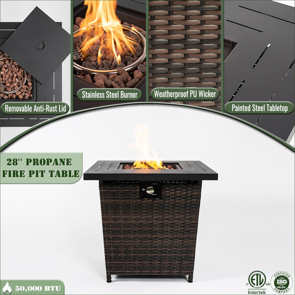 Square 28" Propane Fire Pit 50000 BTU w/PE Wicker Base,Steel Top-Outdoor Heater