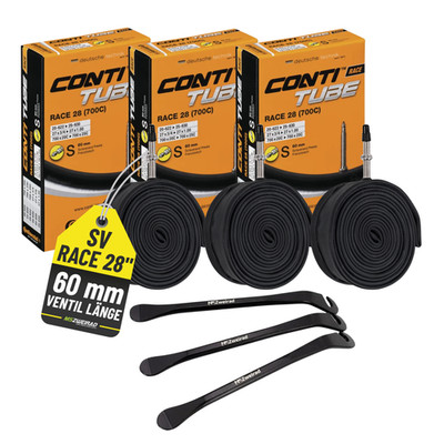 3er Set Continental Fahrradschlauch Race 28'' SV 60 mm 18/25-622/630 +Reifenheber
