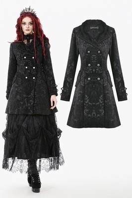 Dark In Love Women Black Retro Gothic Jacquard Velvet Long Coat