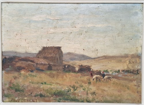 quadro antico olio su tavoletta firmato PAUL JOBERT paesaggio bucolico cascinale - Imagen 4 de 5