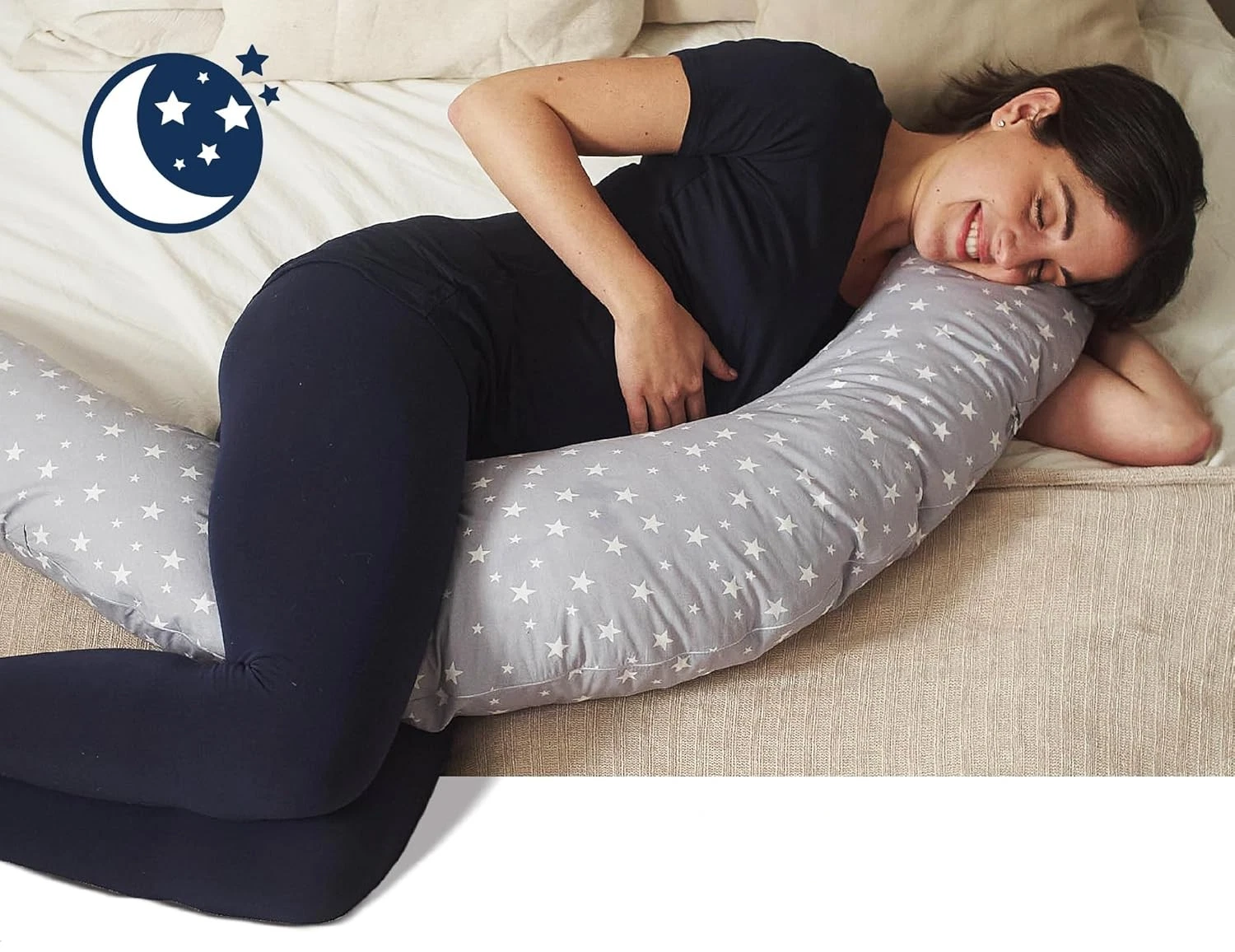Niimo XXL Pregnancy Pillow 100% Cotton Cover and Machine-Washable Grey & Stars