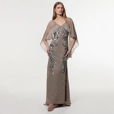 Custom Classic Taupe Evening Dress with Cape Prom Party Gowns V Neckline Wedding