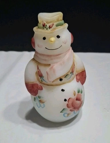 Fenton Snowman Figurine Vintage Art Glass Roses Floral Signed M. Caplinger