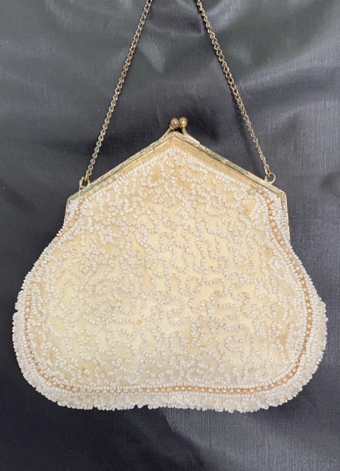 Vintage Art Deco Beaded Handbag Purse Clutch Seed Beads Flower Metal Frame Ivory - Image 2 of 4