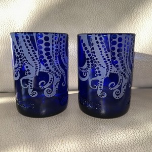 2 Cobalt Blue WILD TONIC etched Octopus Tumbler Drinking Glasses.