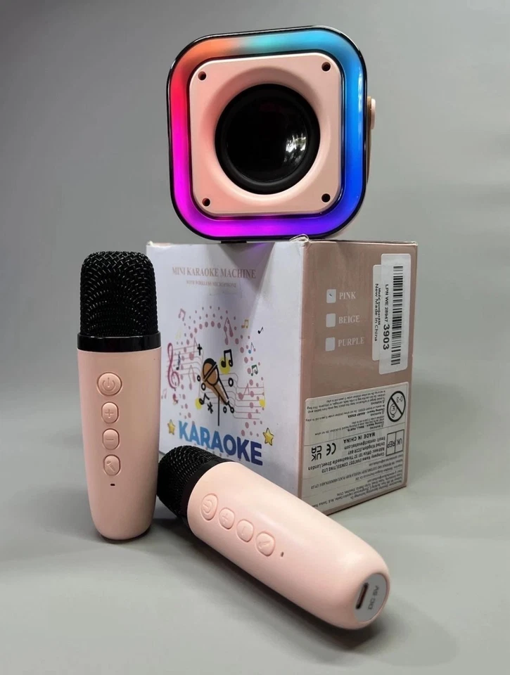 Portable Mini Karaoke Machine Loud 2 Wireless Microphones Bluetooth LED Lights - Image 2 of 4