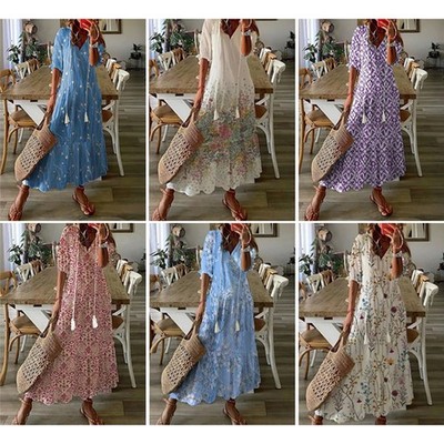 Damen Boho Maxikleid Sommerkleid Blumen Freizeitkleid Langkleid Lose Tunikakleid