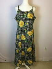 Karen Kane Midi A-line Cami Slip Dress Size L Womans Black Yellow Floral Vtg Y2K