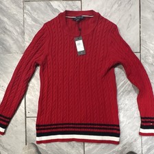 Tommy Hilfiger Women  s Red Cable-Knit Crewneck Pullover Sweater L Stripe