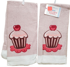 Set of 2 Same Thin Cotton Kitchen Towels 15"x25" CUPCAKE WITH CHERRY ON TOP,AM