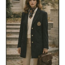 Lauren Ralph Lauren Black Wool Crest Academia Old Money Twee Blazer Trench 12
