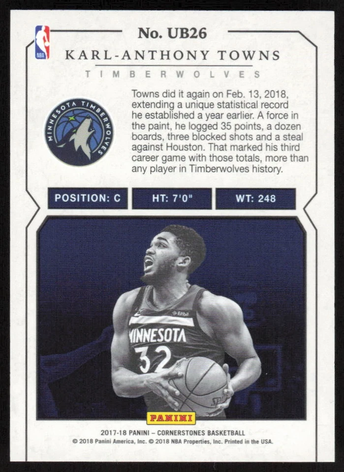 2017-18 Panini Cornerstones Unbreakables Karl-Anthony Towns #UB26 Timberwolves - Image 2 of 2
