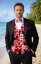 Hawaiian Red Hibiscus Tuxedo Vest  Tie Set   Elegant Tropical Style for Summer