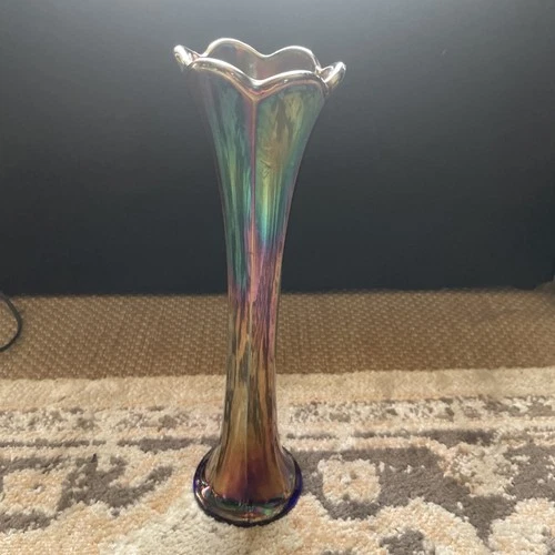 Antique Fenton Cobalt Blue 6 Panel Iridescent Carnival Glass Vase 12"