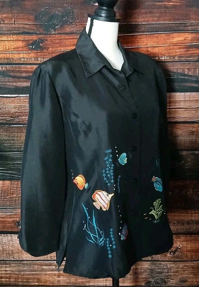 Blusa Top Silkland 14 100% Seda Negra Bordada Peces Tropicales Mangas 3/4 Foto 4 de 4