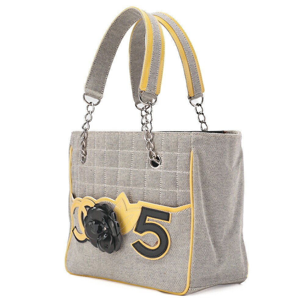 CHANEL Gray & Yellow Camellia Canvas Tote Bag with Silver Hardware 741726