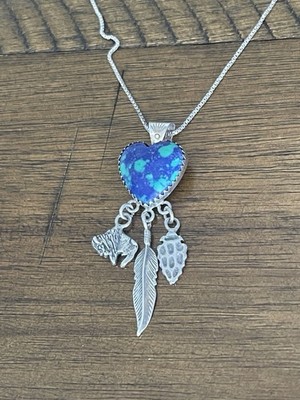Q.T. Carolyn pollack 925 Silver Hunter Charms  Azurite Heart  Pendant Necklace
