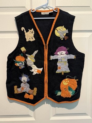 VTG Gallagher Large Halloween Fall Vest Scarecrow Cat Pumpkin Witch