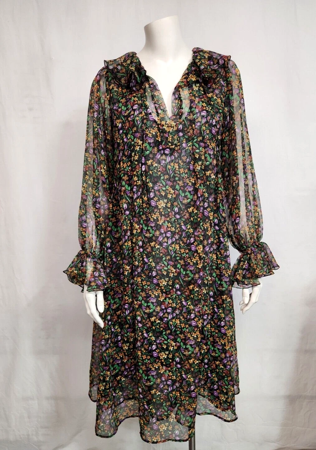 Vintage 80's Etoiles Jane Schaffhausen Free Flowing Sheer Floral Size M Dress
