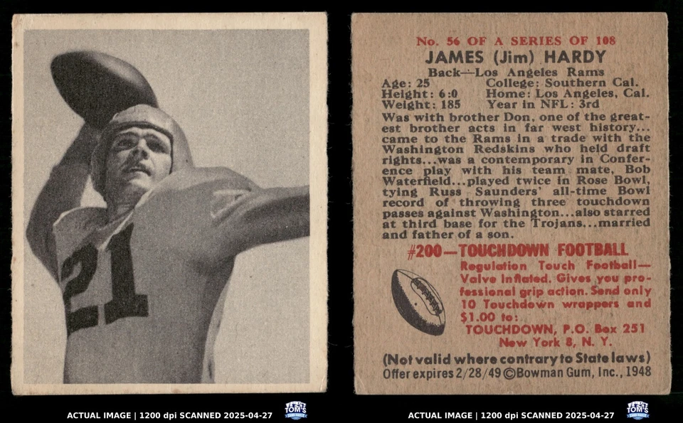 1948 Bowman #56 JAMES HARDY Los Angeles Rams RC NM - Image 3 of 3