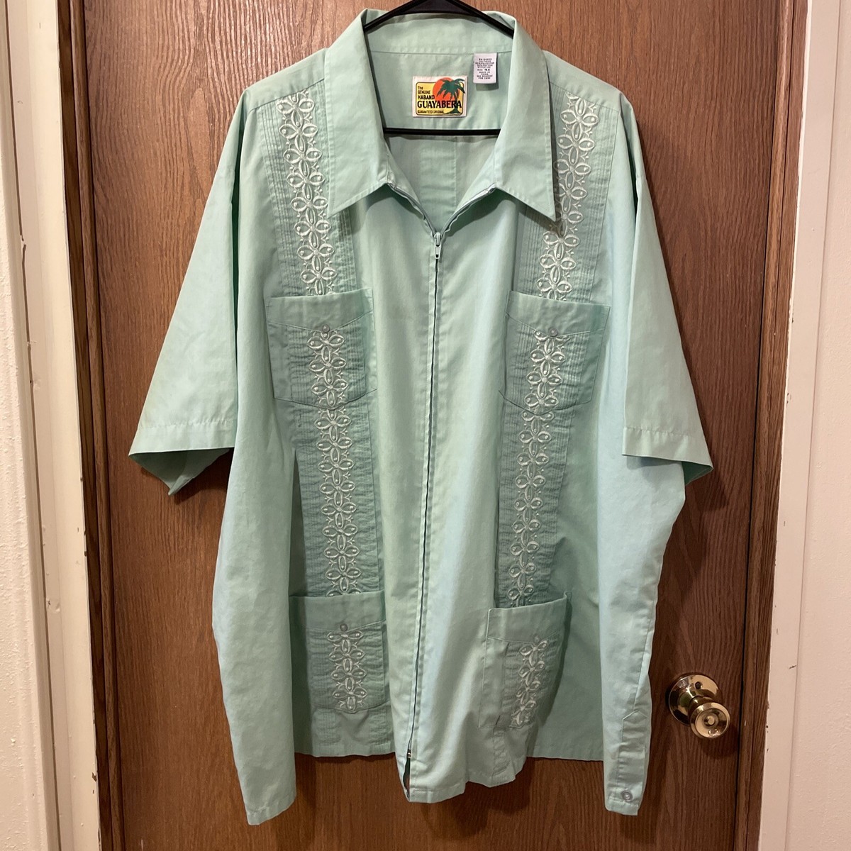 Haband Guayabera Mens Shirt Zip Up Front 4XL Mint Green 4 Pockets
