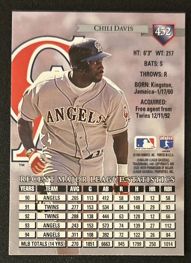 1995 Donruss Chili Davis Baseball Card #452 Angels DH VG - Image 2 of 2