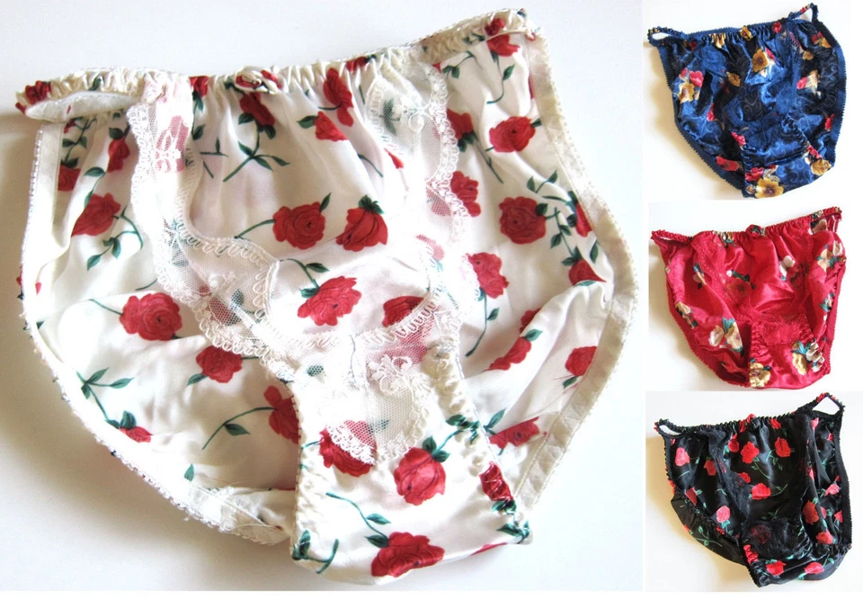 Новый винтажный 100% полиэстер атласной строки бикини цветочный кружева трусики SZ S, M, L - Изображение 2 из 2