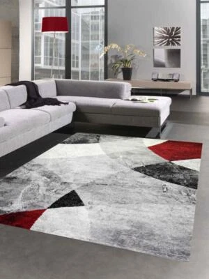 Tapis Abstrait pour Salon Design moderne avec Losanges ondulés & marbré gris ro - Photo 1/4