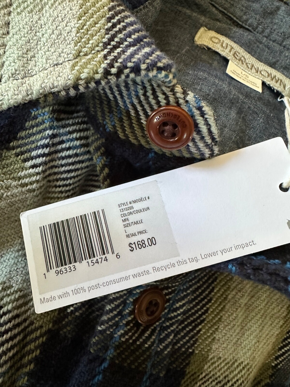 NWT OUTERKNOWN $168 Men's L Large Blanket Shirt Blue Plaid MFE Marine Feliz