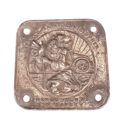 Antique 3" Travelers Saint Christopher Embossed Metal Car Dash Plaque Sign