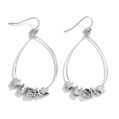 Cute Silver Tone Oval USA Star Dangle Earrings