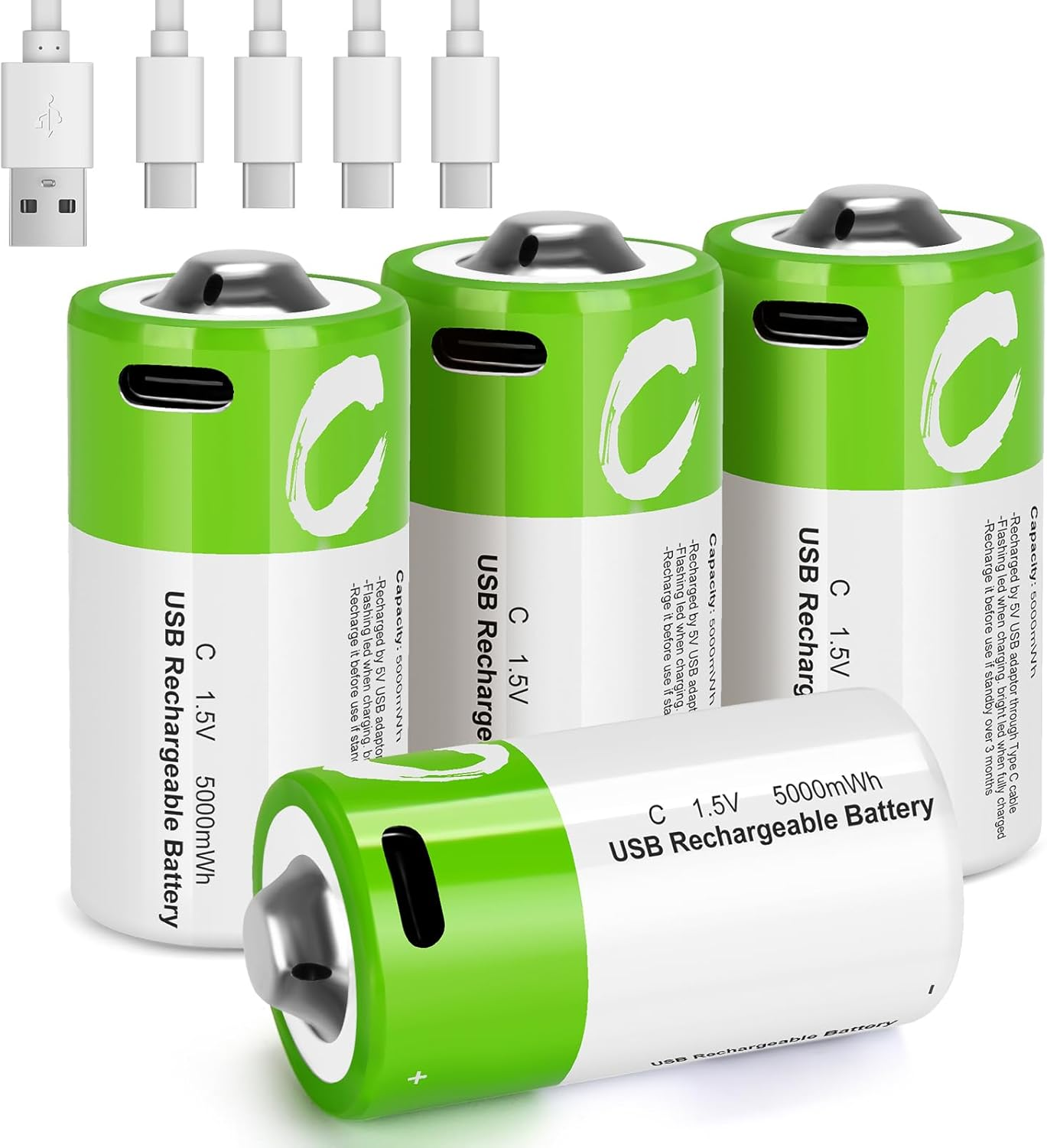 4-Pack Rechargeable C Batteries with USB-C 4-in-1 Charging Cable-image