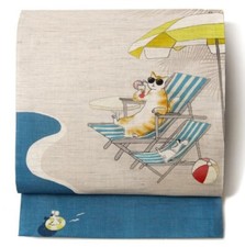 Women's Kyoto Fukuro Obi Linen Kimono Yukata Cat Mouse Sea Blue Cute Funny