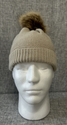 Gertex Women's Beige Tan Knit Beanie w Faux Fur Pom Warm Cozy Ski One Size