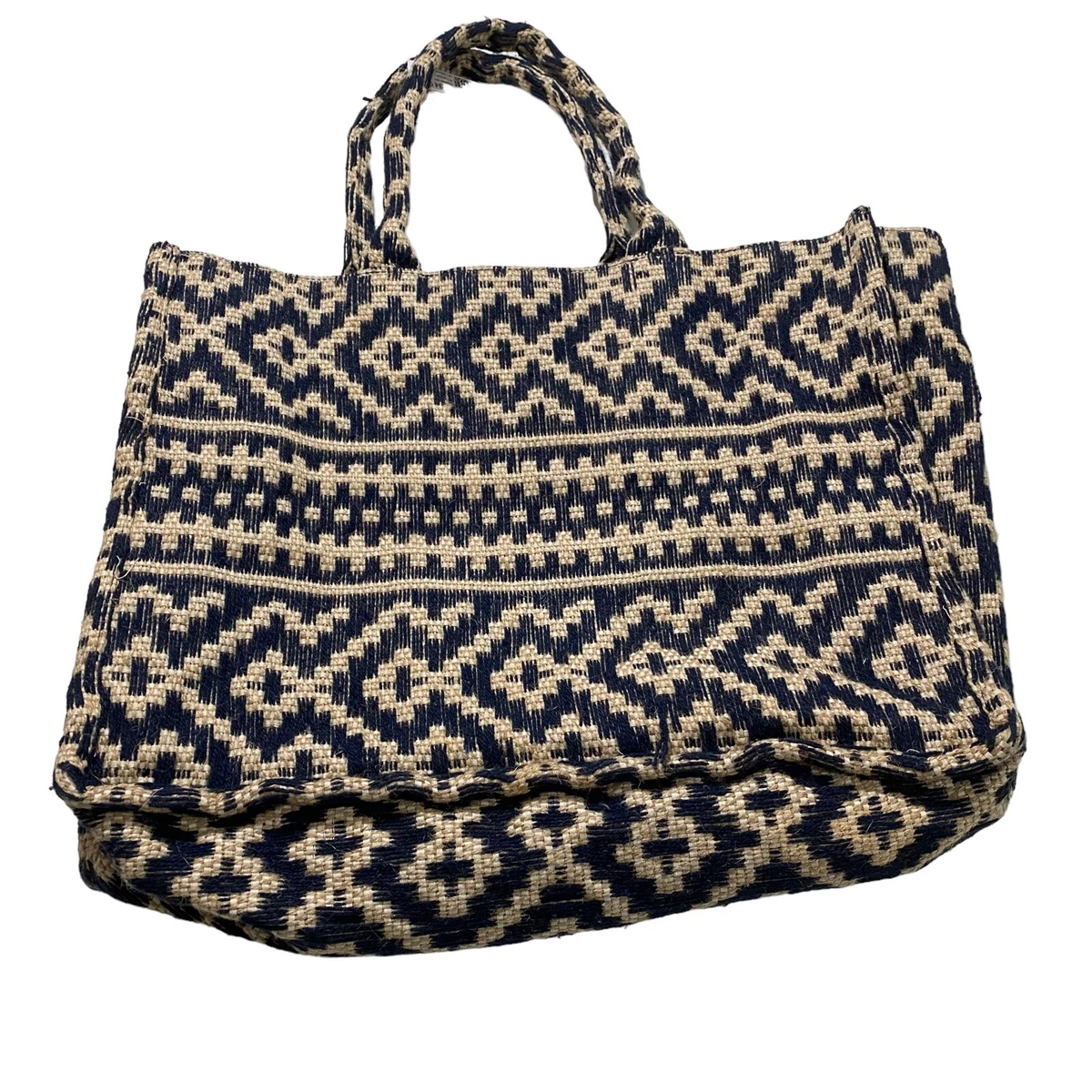 H M Jacquard Weave Handbag Large Brown Blue Canvas Open Tote Bag
