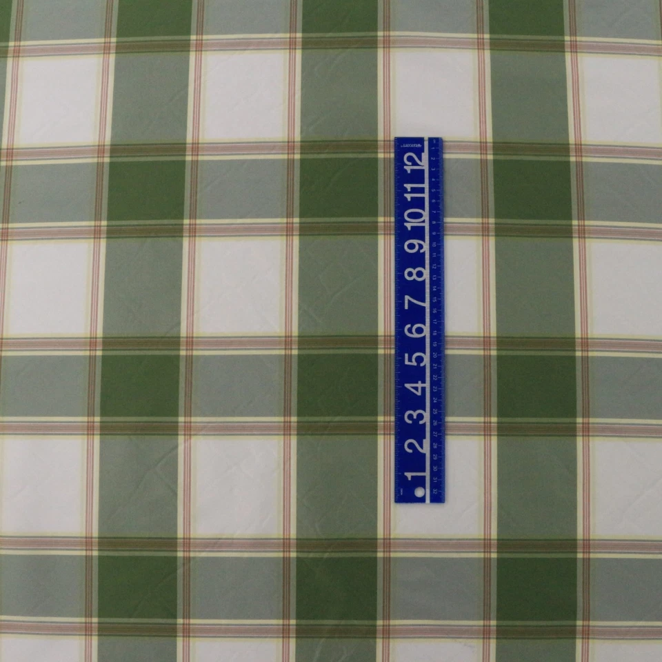 DESIGNER 100% SILK PLAID MEADOW GREEN CHECK WHITE YELLOW FABRIC BY THE YARD 55"W - Image 3 of 4