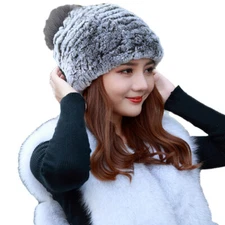 Real Rex Rabbit Fur Hats Women Winter Warm Cap With Fox Fur Balls Grey Coffee