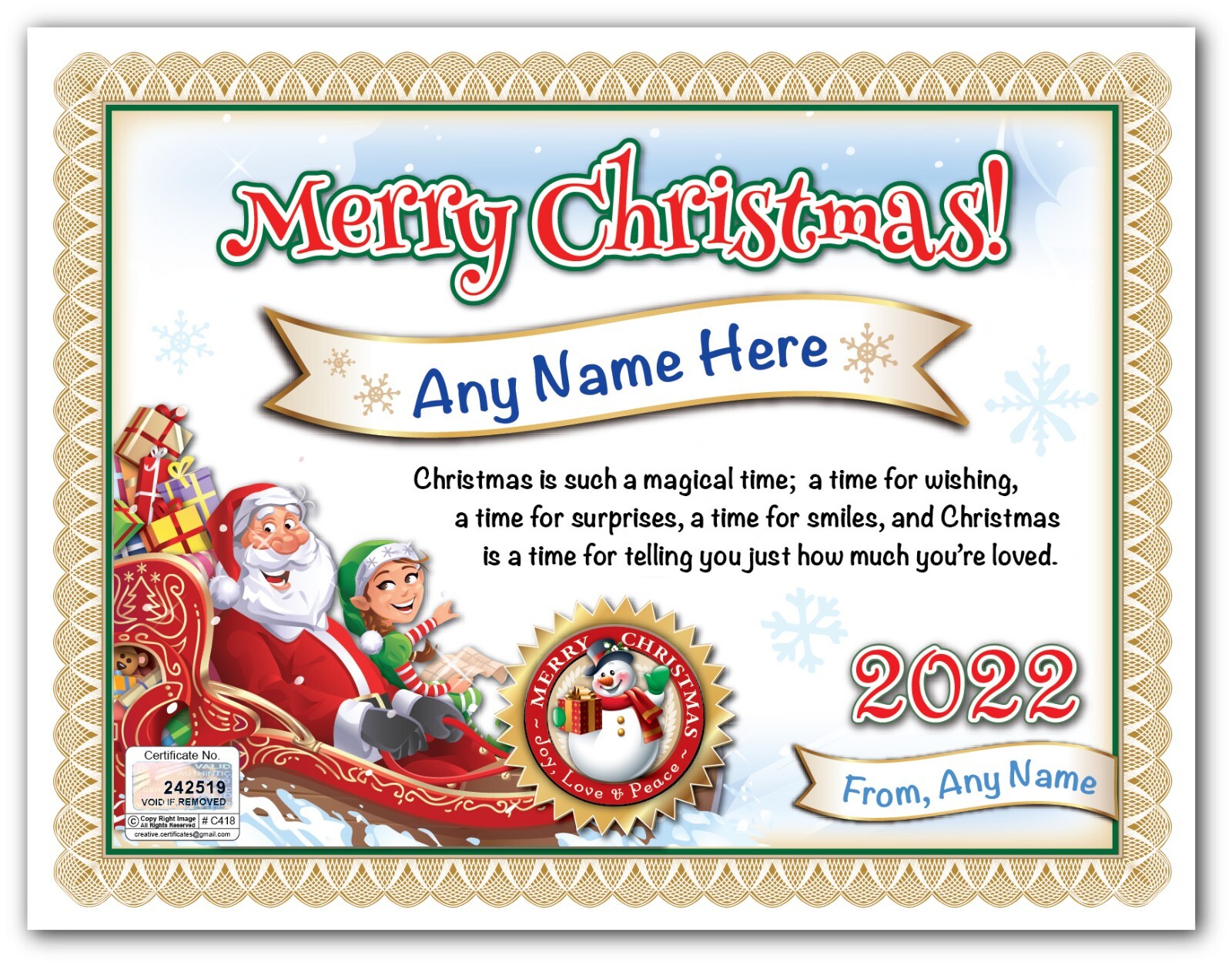 Christmas Certificate Template For Kids