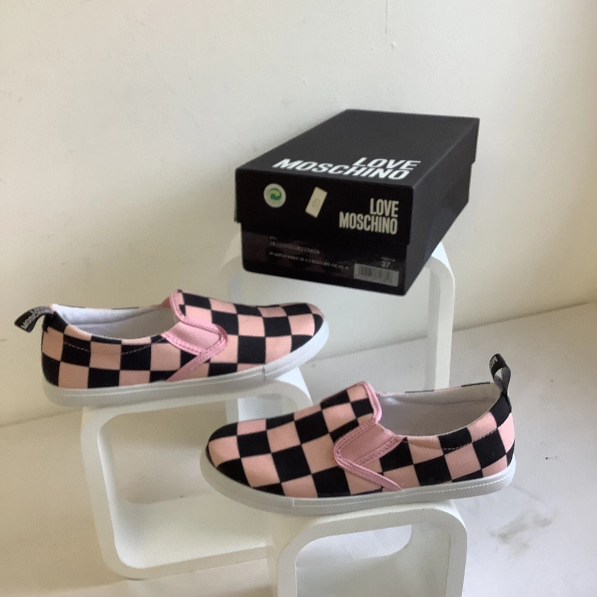 Love Moschino Check Canvas Fabrix Slip On Trainer Pumps Pink Black Size UK 4