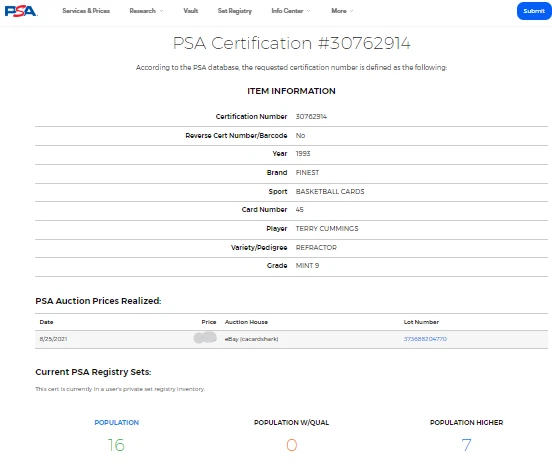 1993-94 Topps Finest Refractor #45 Terry Cummings PSA 9 *Solo 7 más alto* Foto 3 de 3