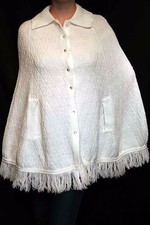 S/M NOS Vtg 70s Cape Poncho DIAMOND Knit White Sweater Hand Holes Collar