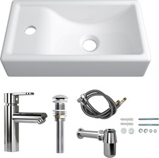 Compact 16-Inch Wall Hung Ceramic Sink Combo with Faucet for Small Spaces